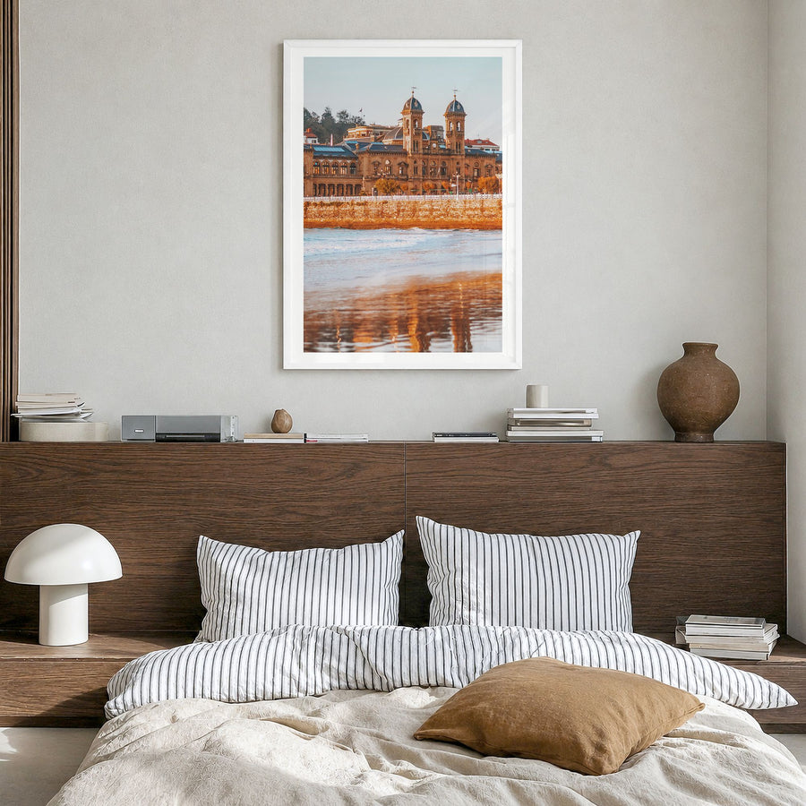 San Sebastián Photo No 2 Poster in a white wood frame, hanging in a bedroom, white border