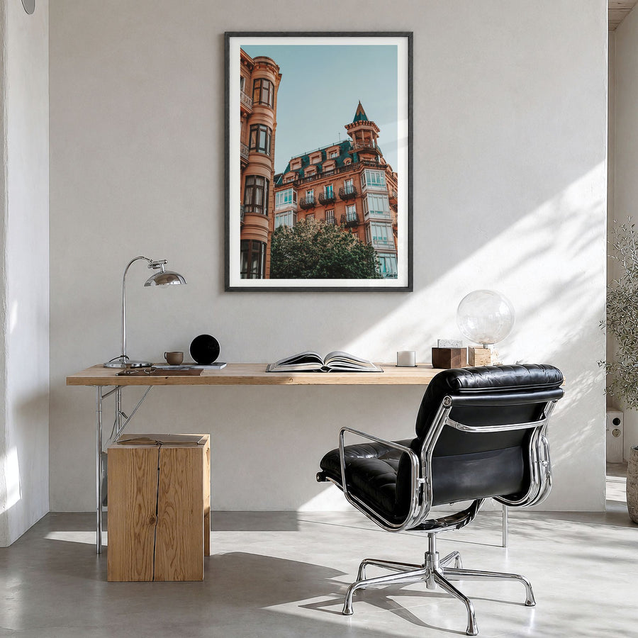 San Sebastián Photo No 1 Poster in a black wood frame, hanging in a bright home office, white border