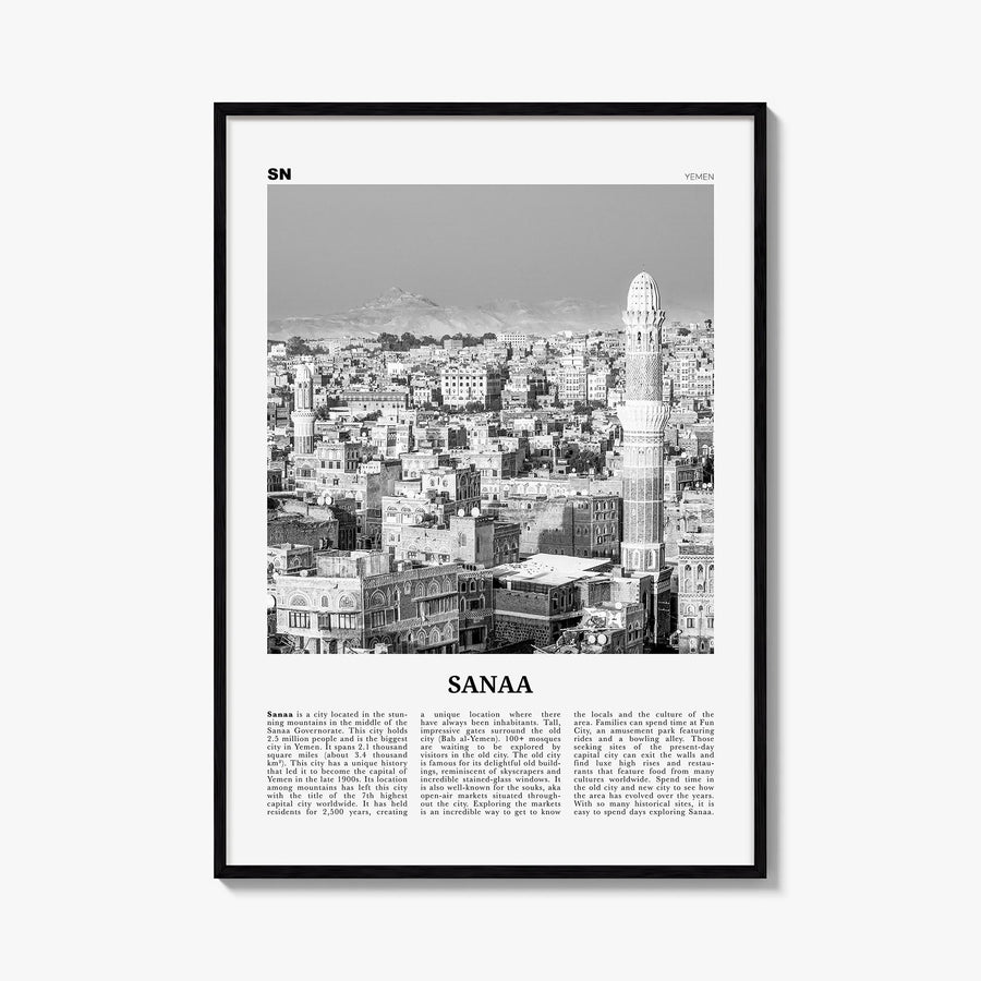 Sana'a black & white newspaper poster of Yemen – vertical wall art, unframed print shown in interior mockup