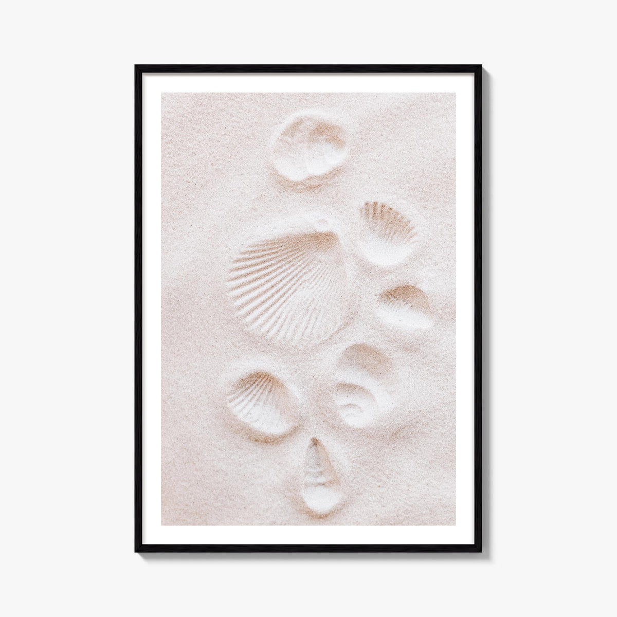 Sand with Seashell Footprints colorful photo poster – vertical wall art, unframed print shown in interior mockup