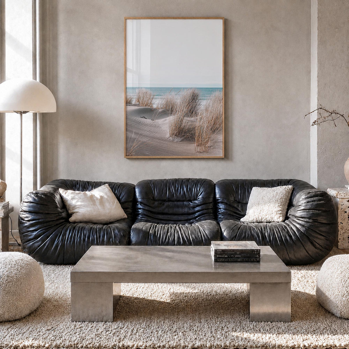 Sandy Beach no. 1 colorful photo poster – vertical wall art in natural wood frame, hanging on wall