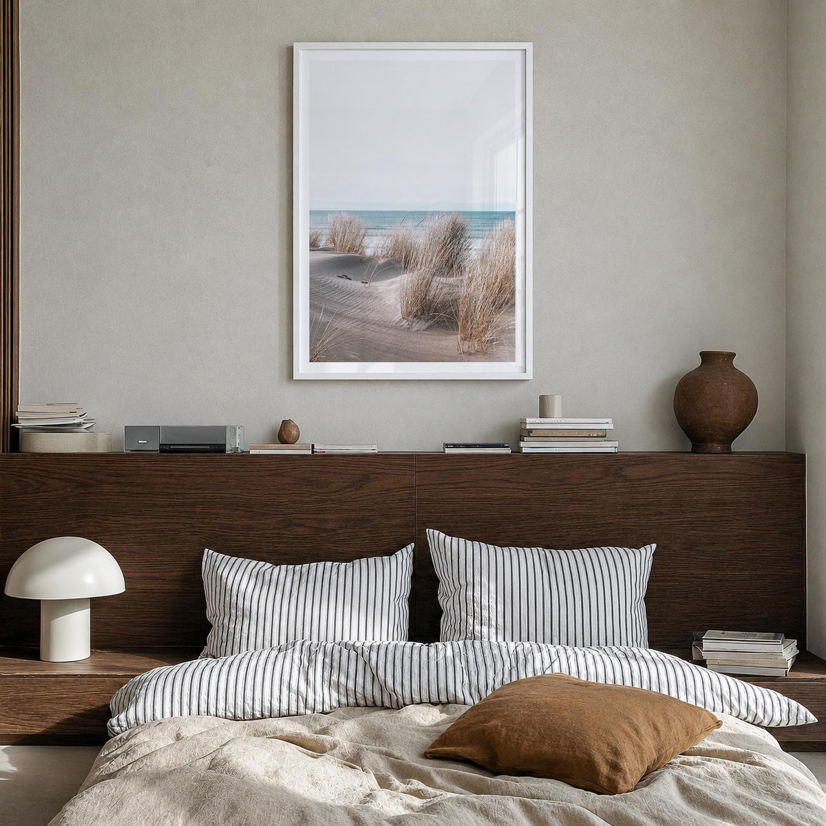 Sandy Beach no. 1 colorful photo poster – vertical wall art in white wood frame with white border, hanging on wall