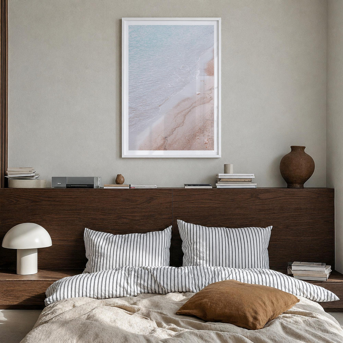 Sandy Beach no. 2 colorful photo poster – vertical wall art in white wood frame with white border, hanging on wall