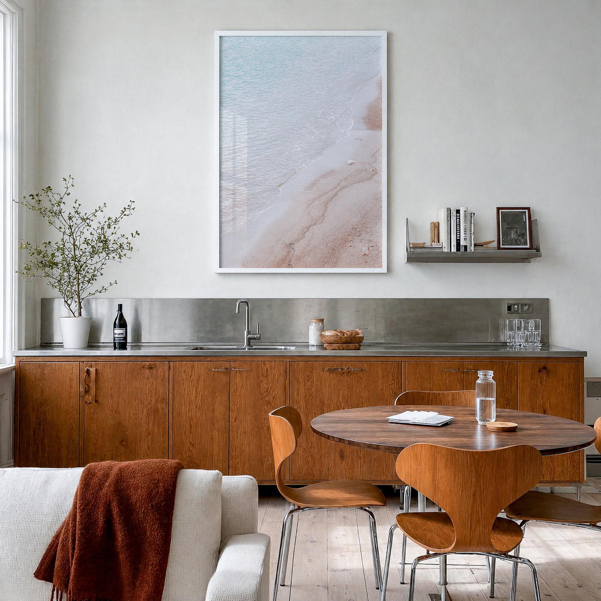 Sandy Beach no. 2 colorful photo poster – vertical wall art in white wood frame, hanging on wall