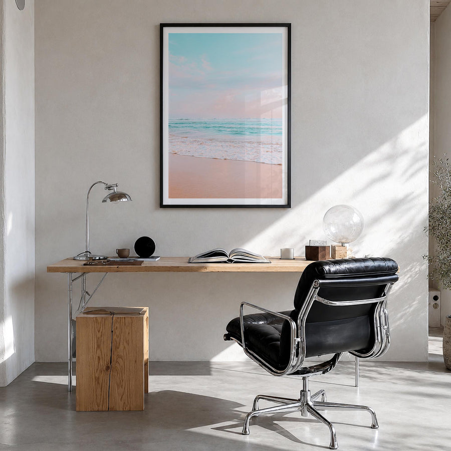 Sandy Beach no. 3 colorful photo poster – vertical wall art in black wood frame with white border, hanging on wall