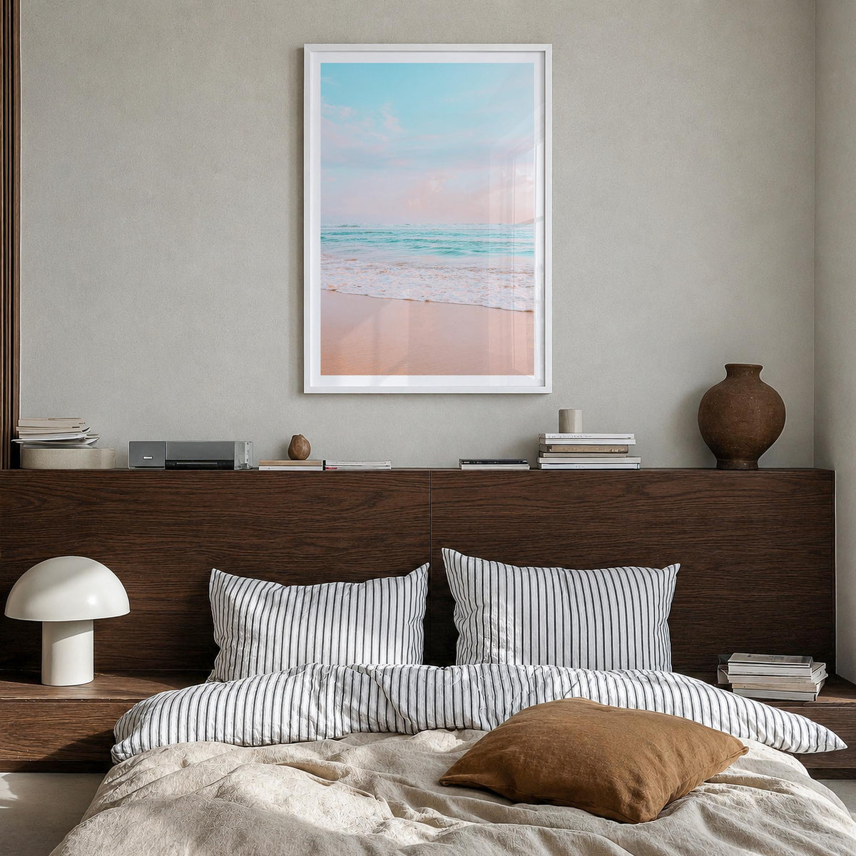 Sandy Beach no. 3 colorful photo poster – vertical wall art in white wood frame with white border, hanging on wall