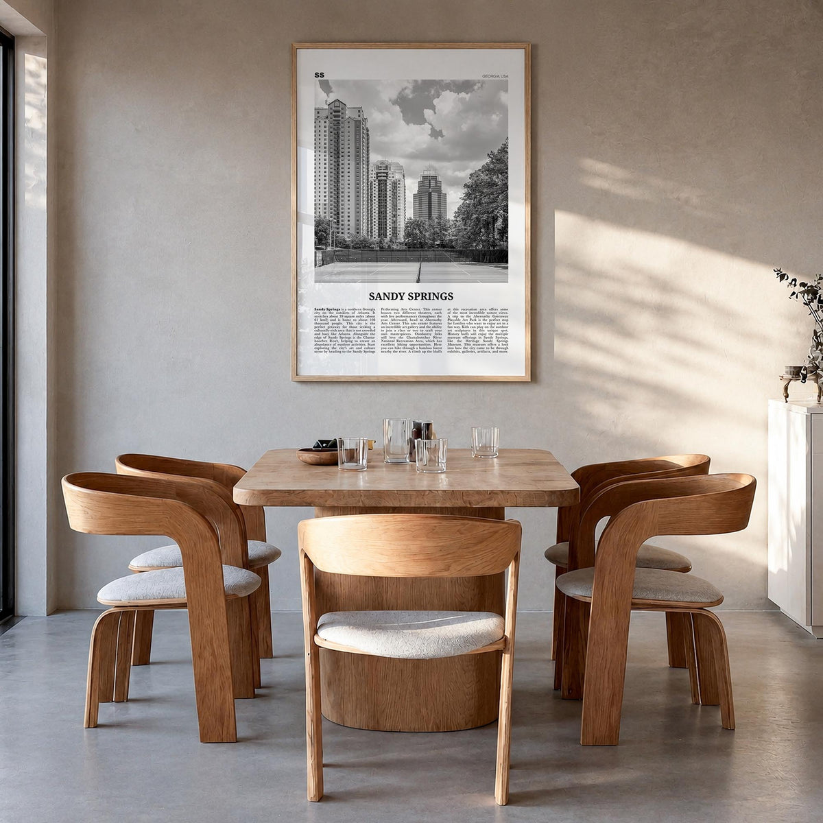 Sandy Springs black & white newspaper poster of Georgia, USA – vertical wall art in natural wood frame, hanging on wall