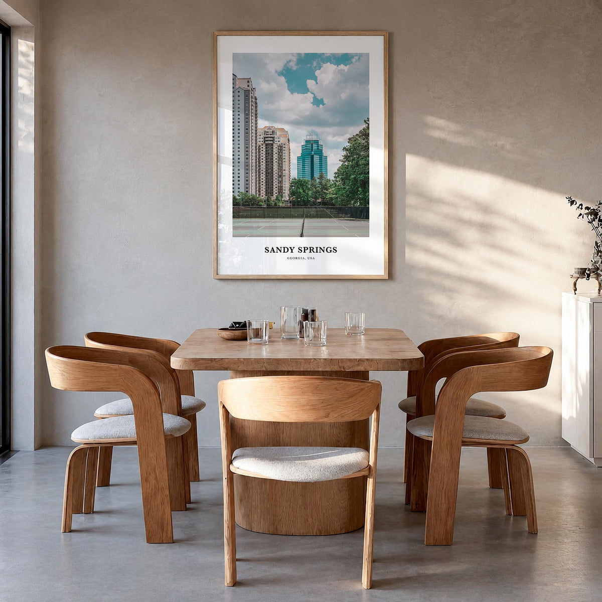 Sandy Springs colorful classic poster of Georgia, USA – vertical wall art in natural wood frame, hanging on wall