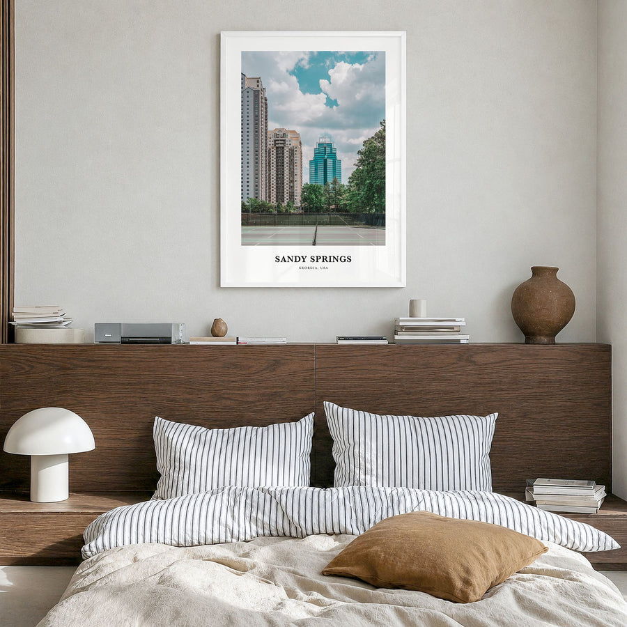 Sandy Springs Classic Poster in a white wood frame, hanging in a bedroom