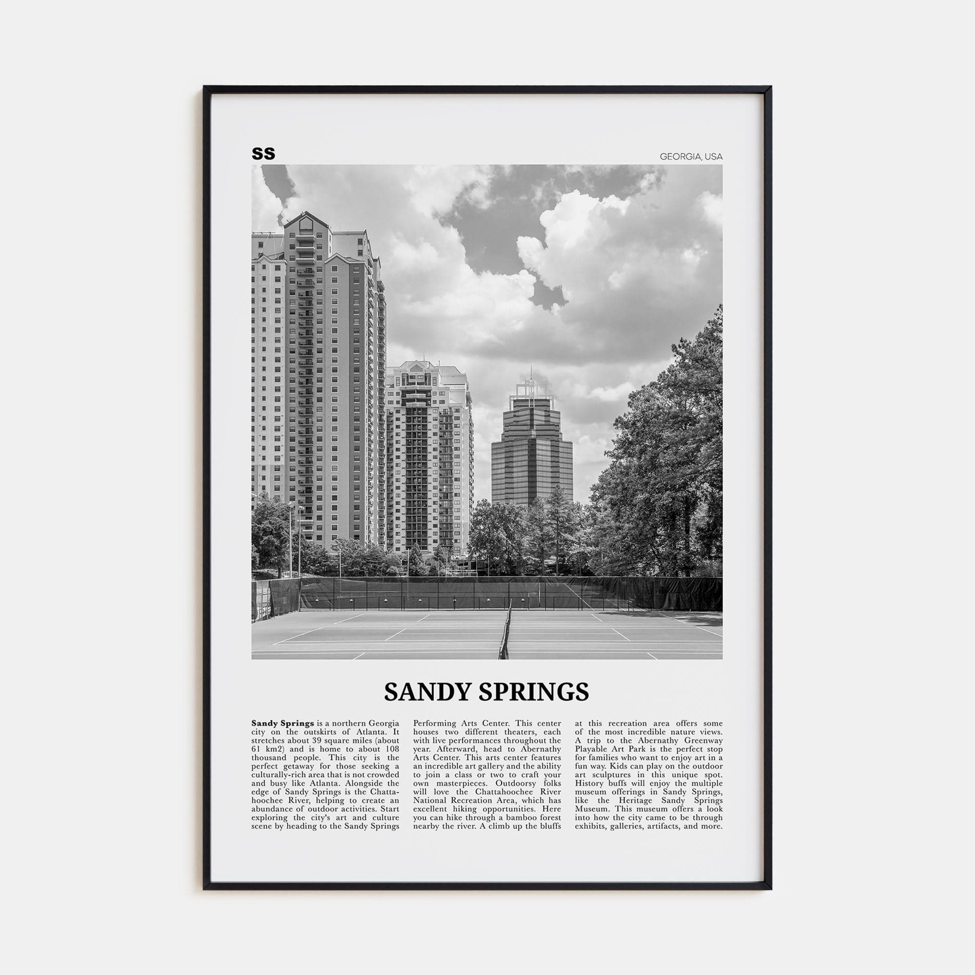 Sandy Springs Poster Black Metal / 8x12 in Nbourhood Travel B&W Poster