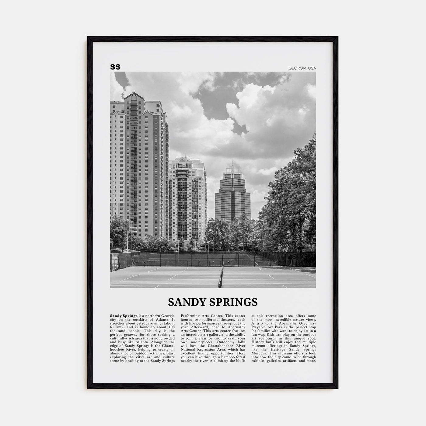 Sandy Springs Poster Black Wood / 8x12 in Nbourhood Travel B&W Poster