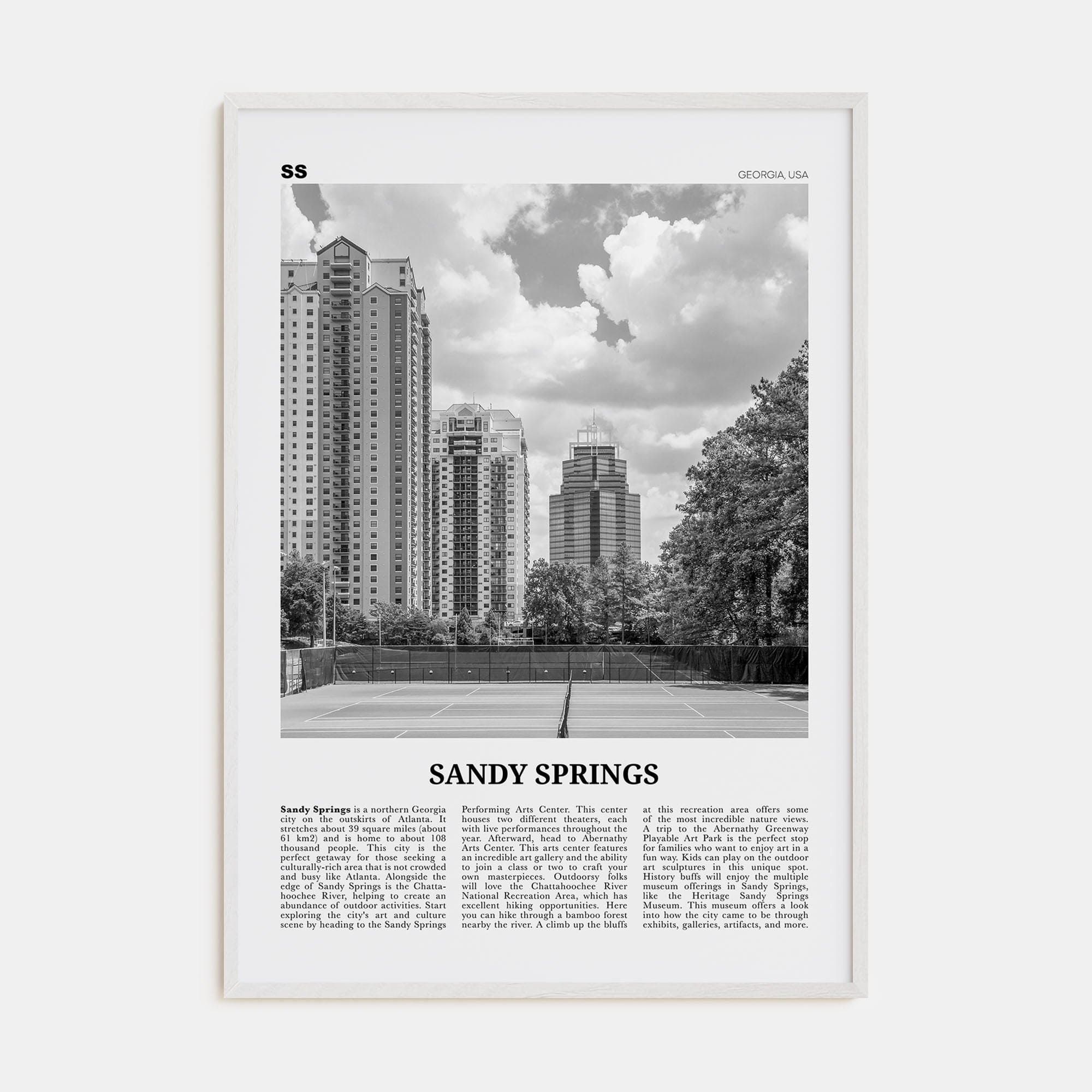 Sandy Springs Poster White Wood / 8x12 in Nbourhood Travel B&W Poster