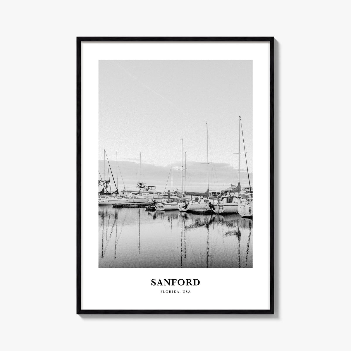 Sanford black & white classic poster of Florida, USA – vertical wall art, unframed print shown in interior mockup