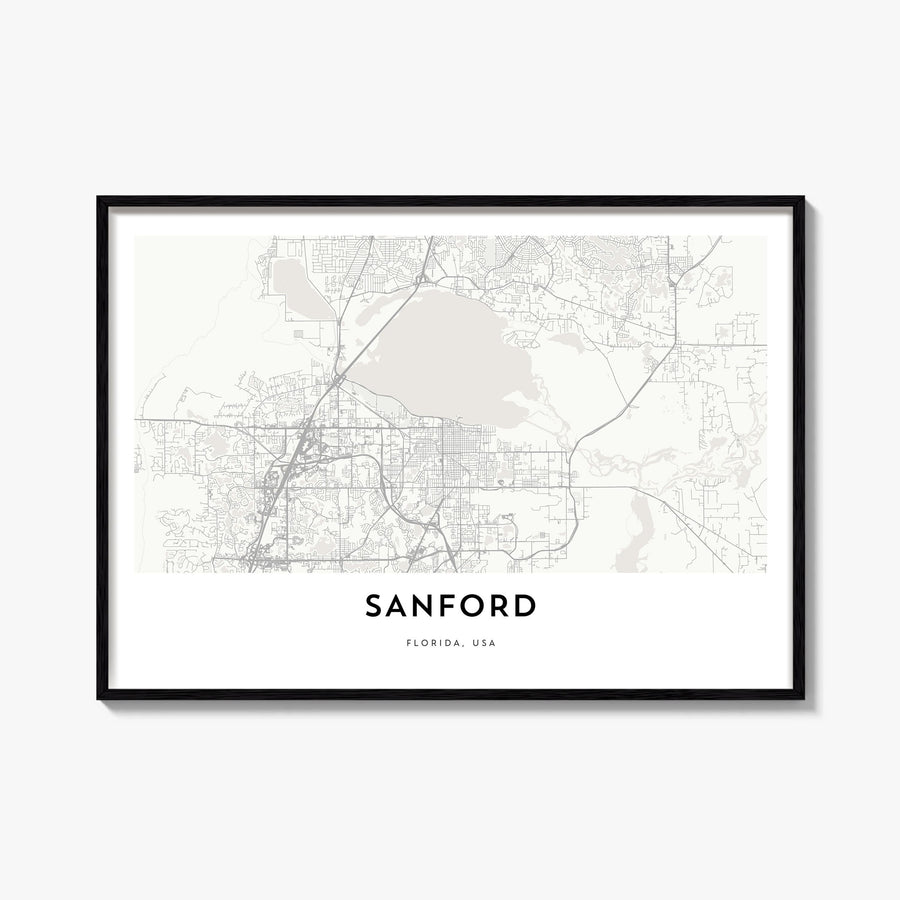 Sanford black & white map poster of Florida, USA – horizontal wall art, unframed print shown in interior mockup