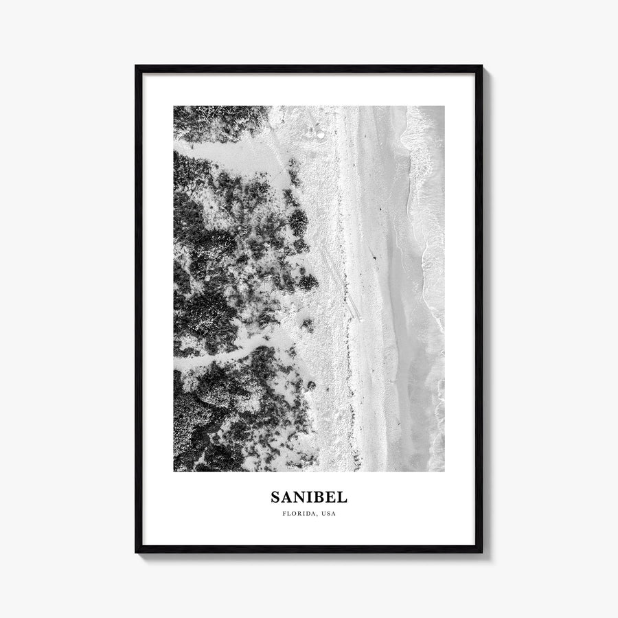 Sanibel black & white classic poster of Florida, USA – vertical wall art, unframed print shown in interior mockup