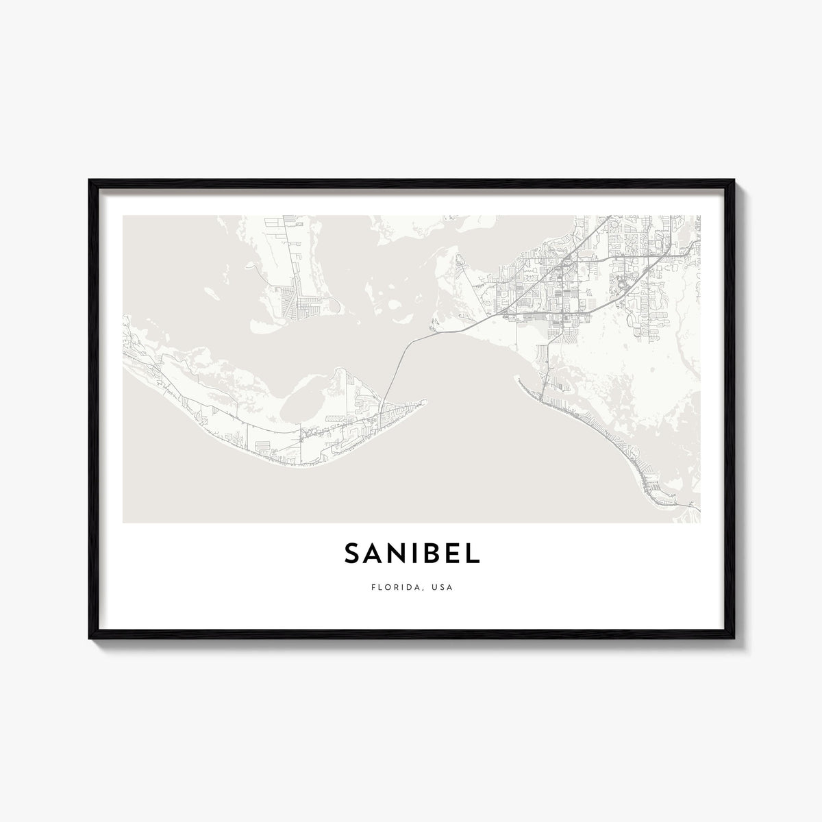 Sanibel black & white map poster of Florida, USA – horizontal wall art, unframed print shown in interior mockup