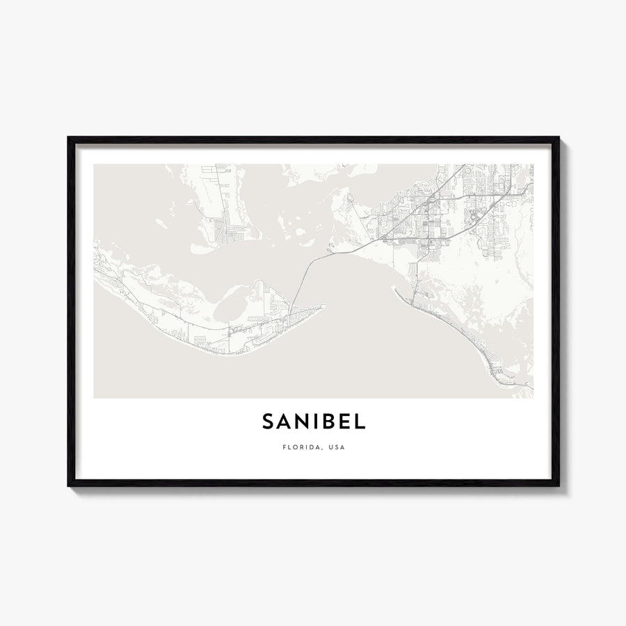 Sanibel black & white map poster of Florida, USA – horizontal wall art, unframed print shown in interior mockup