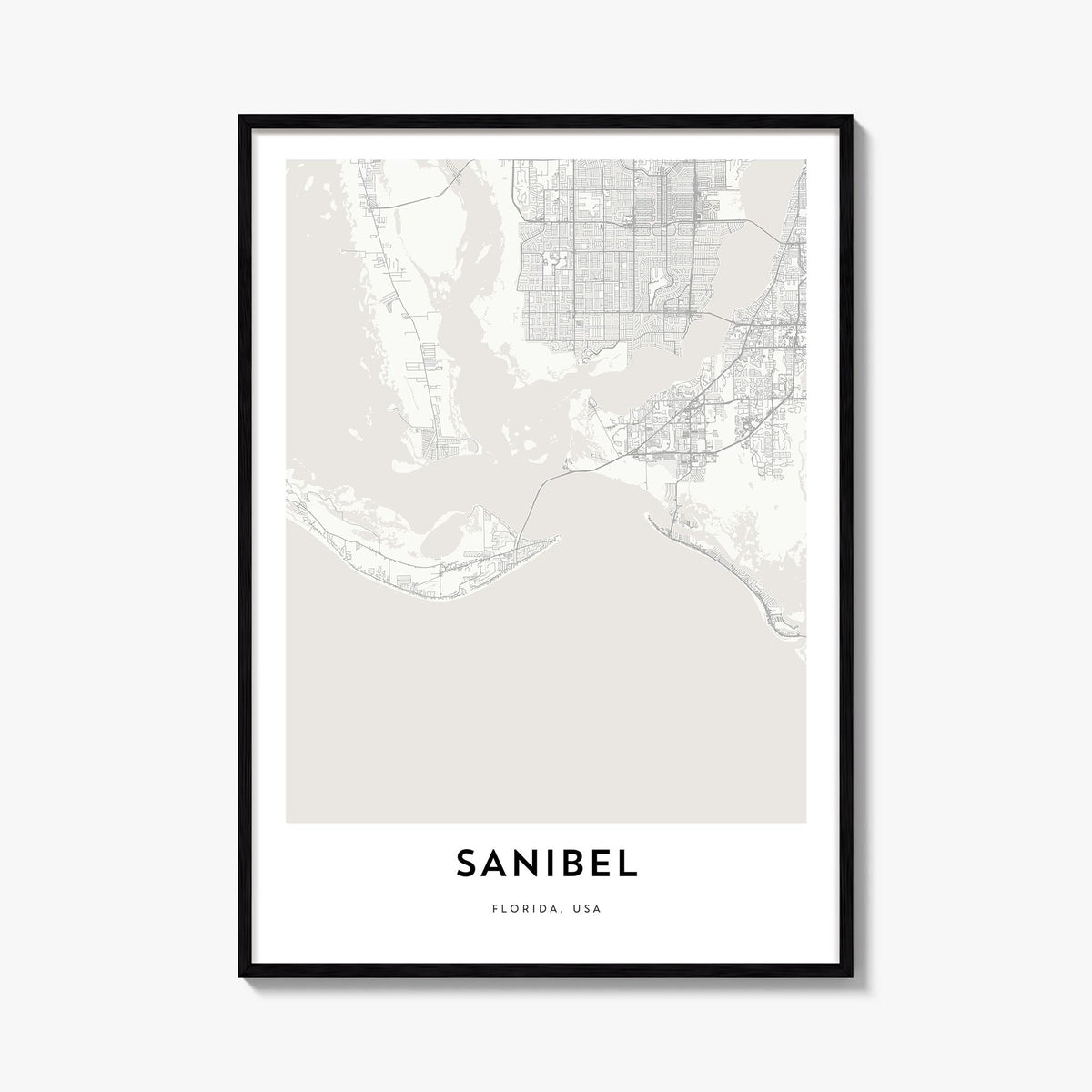 Sanibel black & white map poster of Florida, USA – vertical wall art, unframed print shown in interior mockup