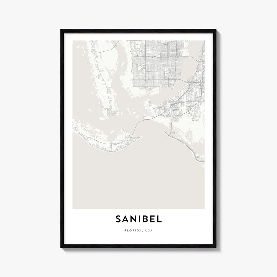 Sanibel black & white map poster of Florida, USA – vertical wall art, unframed print shown in interior mockup