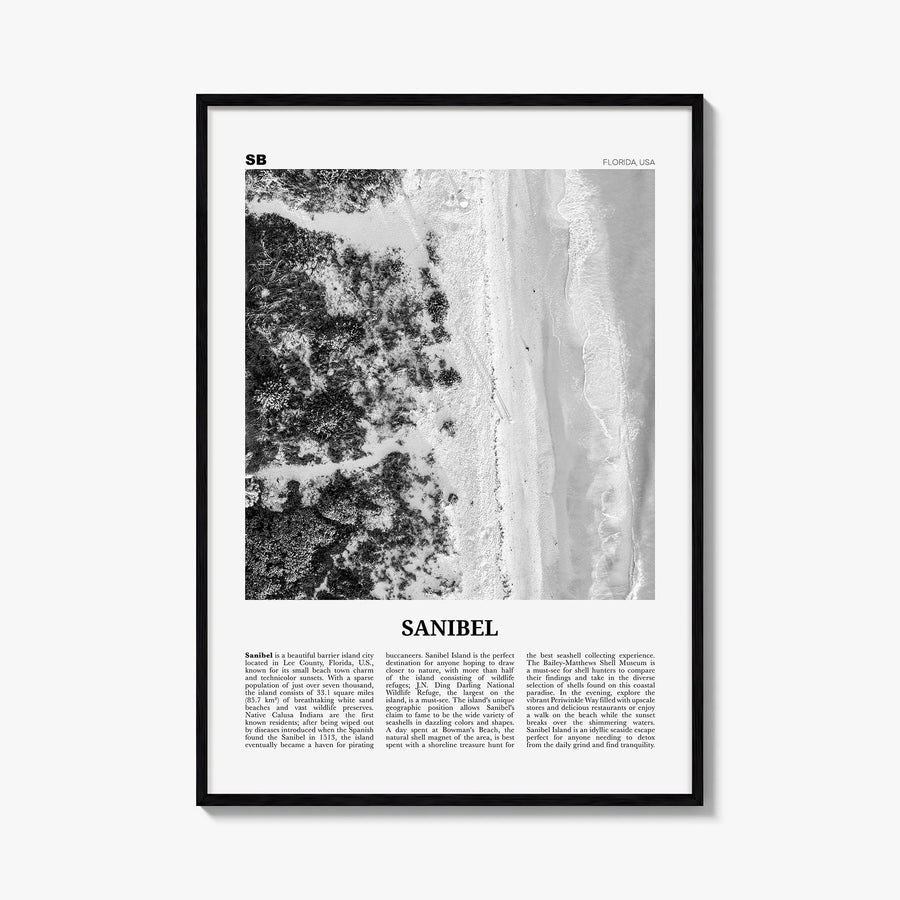 Sanibel black & white newspaper poster of Florida, USA – vertical wall art, unframed print shown in interior mockup