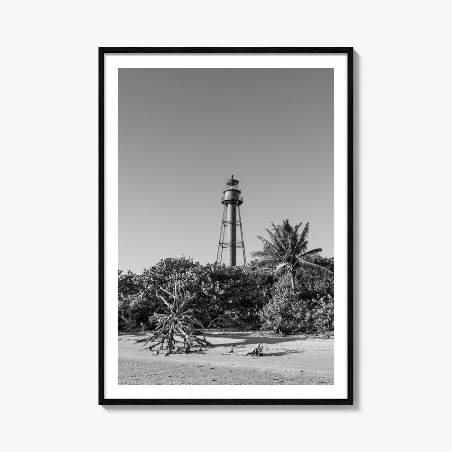 Sanibel black & white photo poster of Florida, USA – vertical wall art, unframed print shown in interior mockup