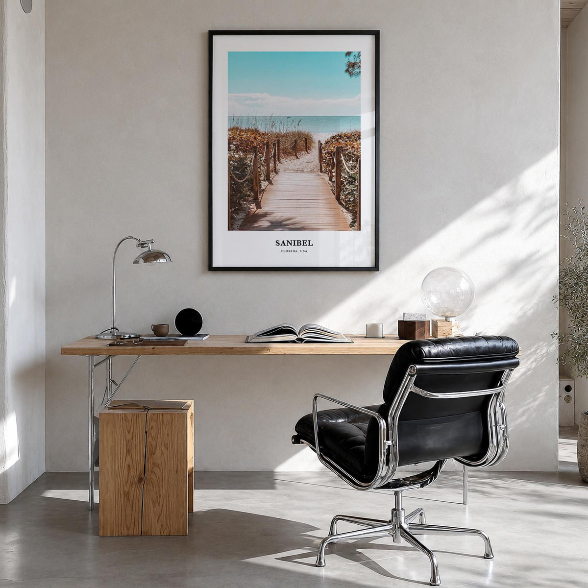 Sanibel colorful classic poster of Florida, USA – vertical wall art in black wood frame, hanging on wall