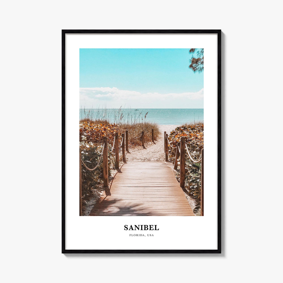Sanibel colorful classic poster of Florida, USA – vertical wall art, unframed print shown in interior mockup
