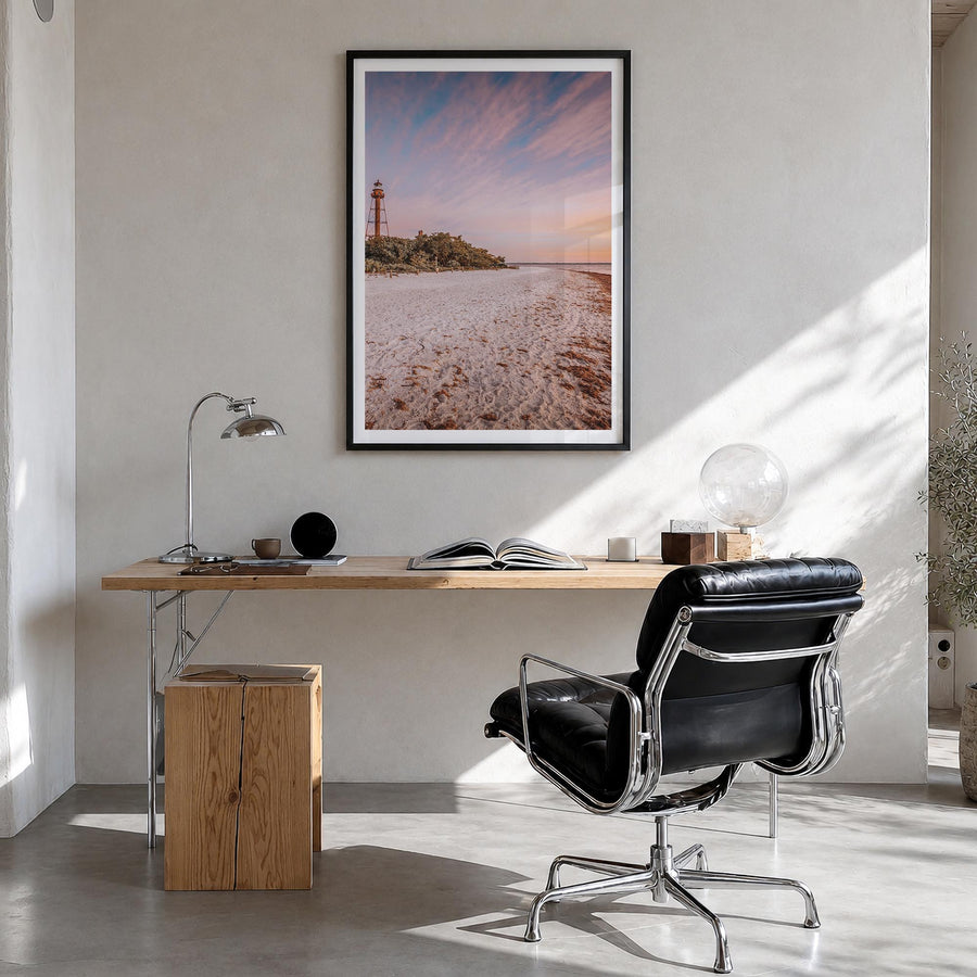 Sanibel colorful photo poster of Florida, USA – vertical wall art in black wood frame with white border, hanging on wall