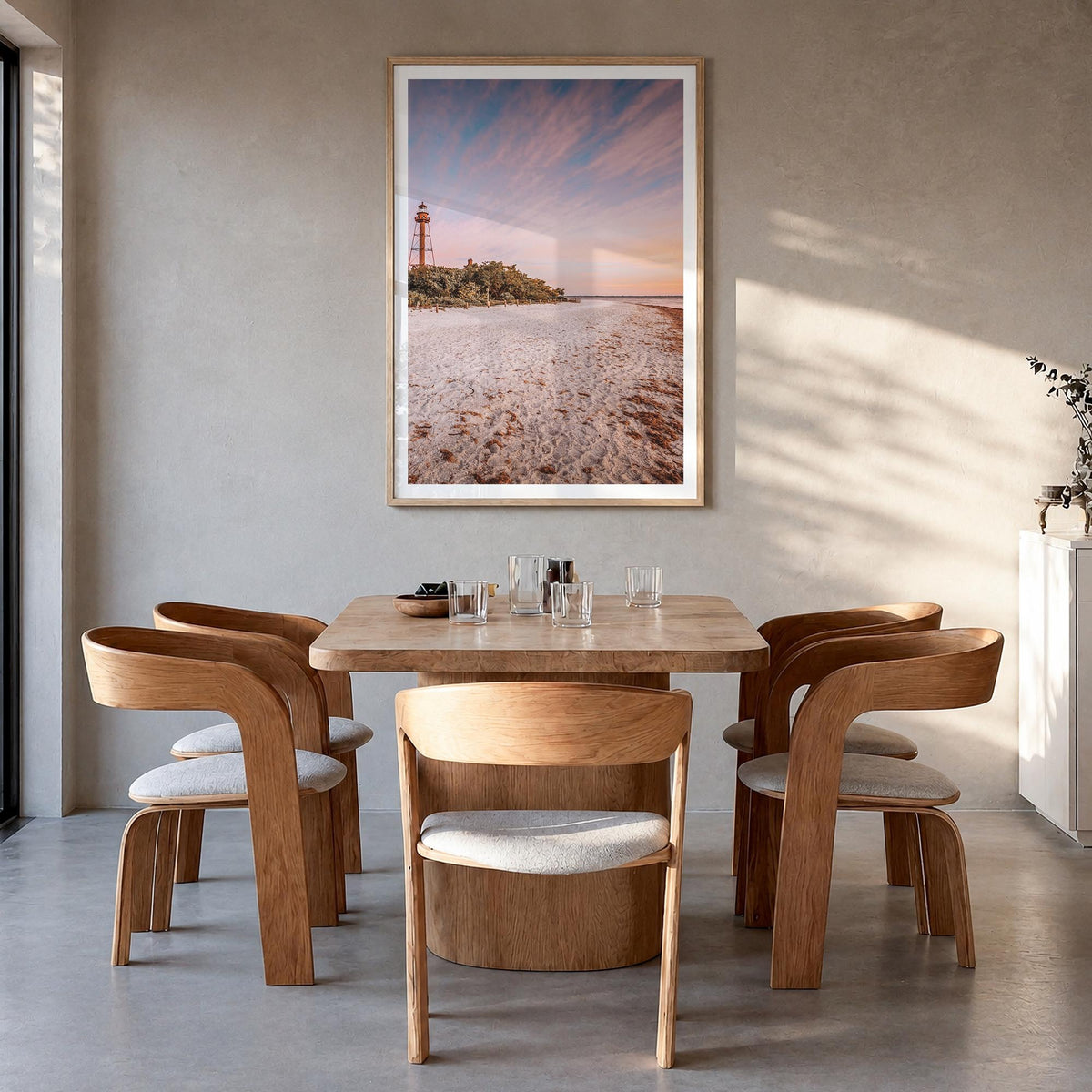 Sanibel colorful photo poster of Florida, USA – vertical wall art in natural wood frame with white border, hanging on wall