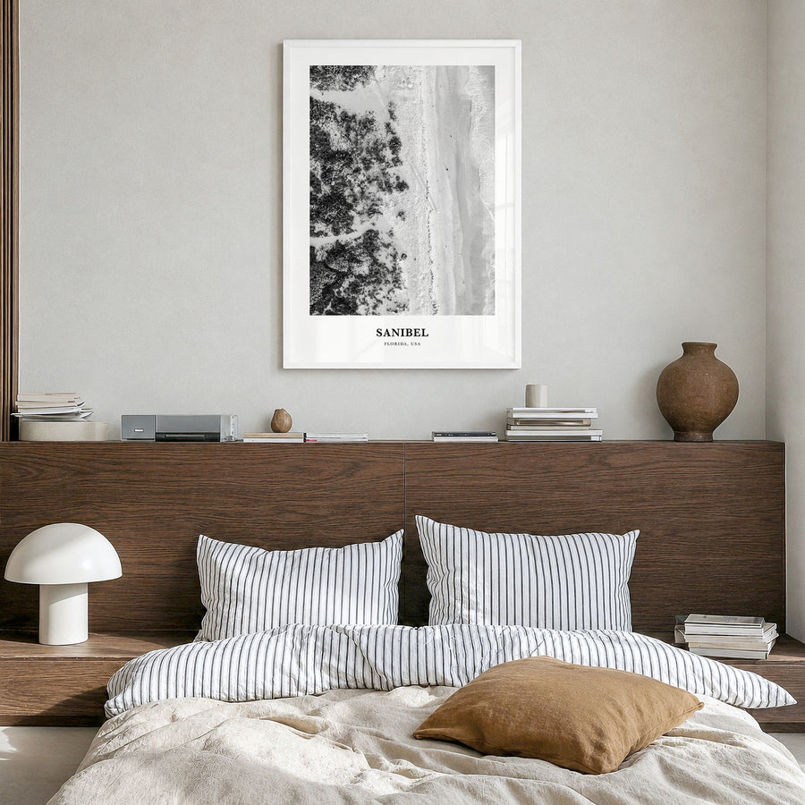 Sanibel Classic Poster in a white wood frame, hanging in a bedroom