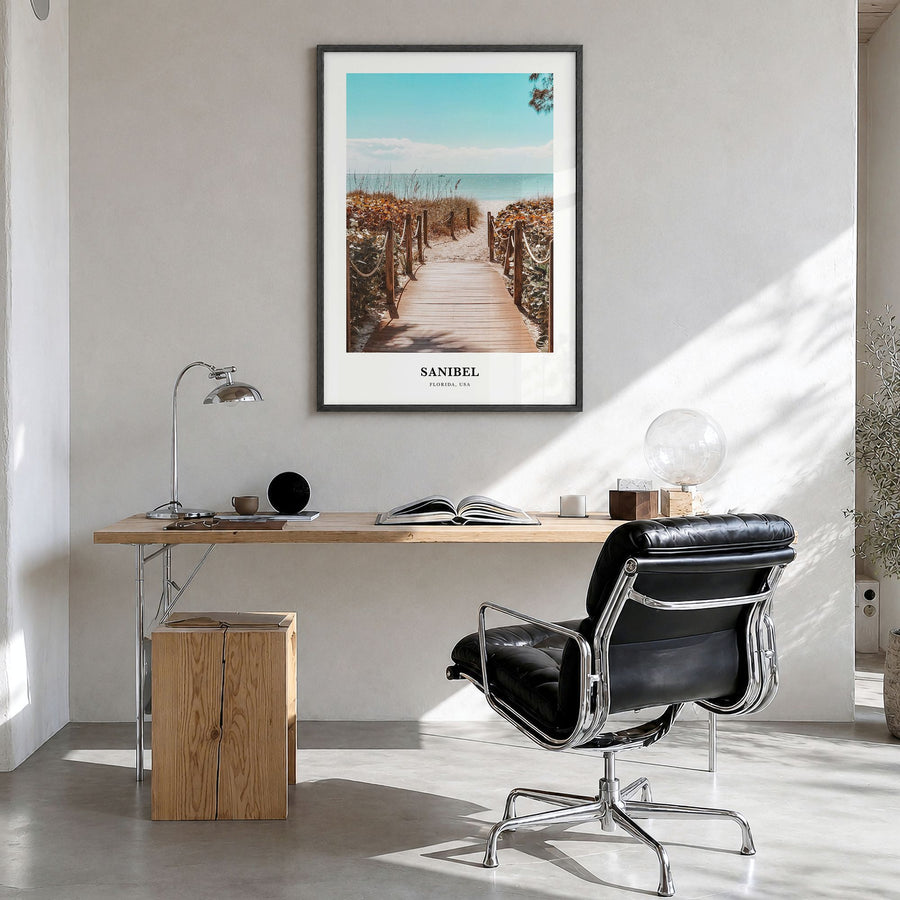 Sanibel Classic Poster in a black wood frame, hanging in a bright home office