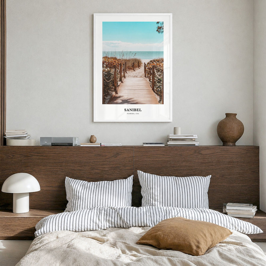 Sanibel Classic Poster in a white wood frame, hanging in a bedroom