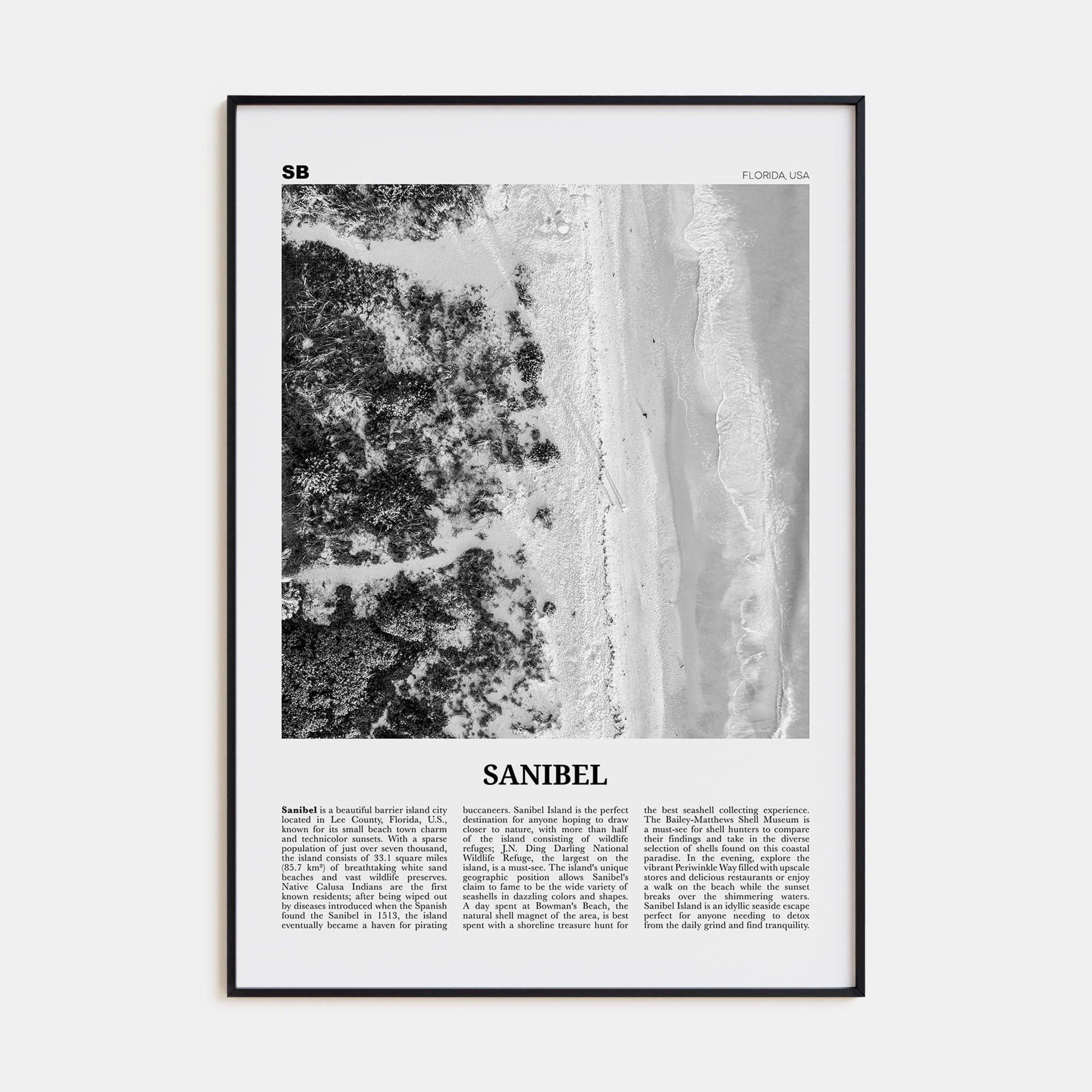 Sanibel Poster Black Metal / 8x12 in Nbourhood Travel B&W Poster