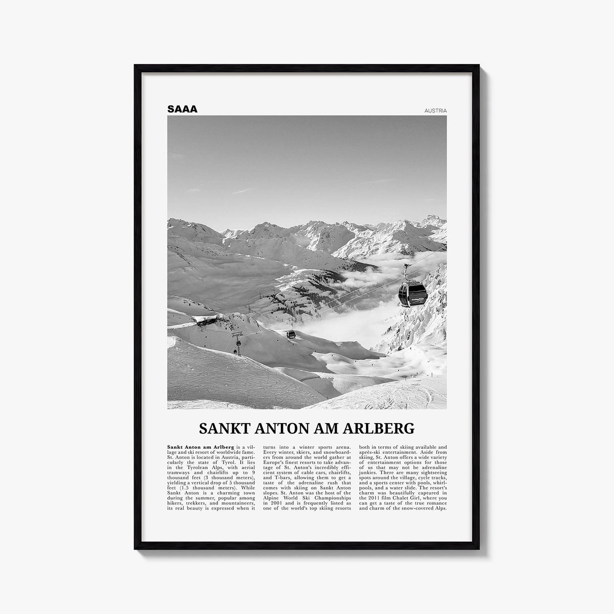 Sankt Anton am Arlberg black & white newspaper poster of Austria – vertical wall art, unframed print shown in interior mockup