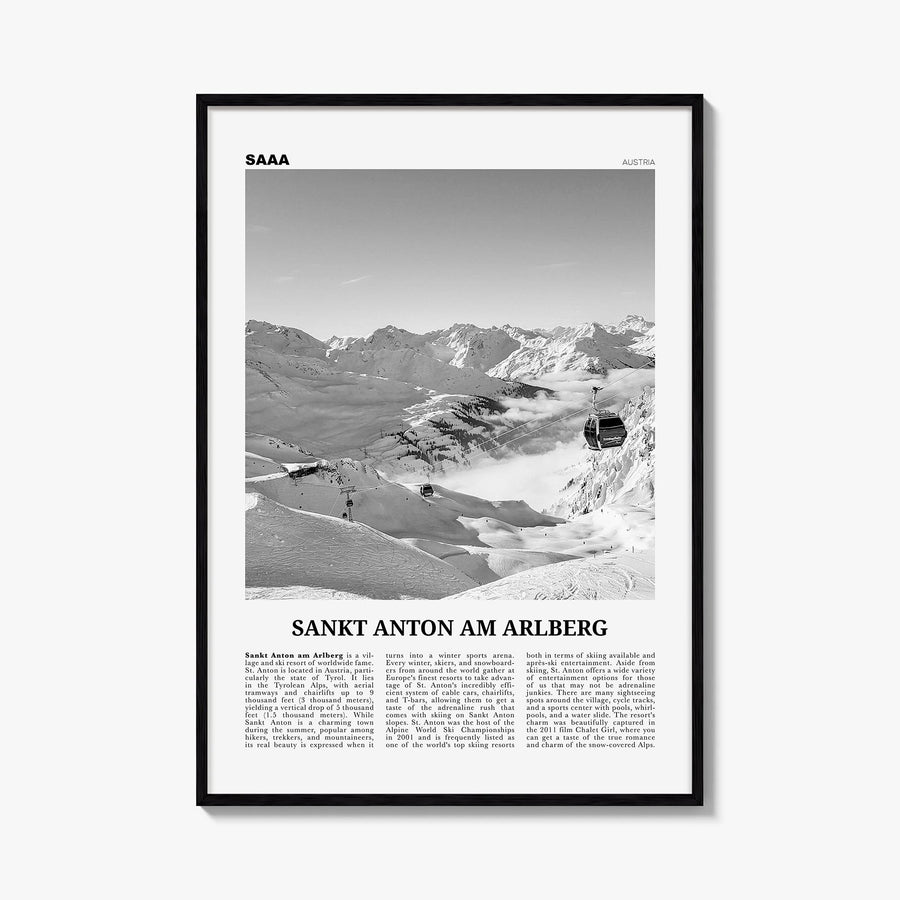 Sankt Anton am Arlberg black & white newspaper poster of Austria – vertical wall art, unframed print shown in interior mockup