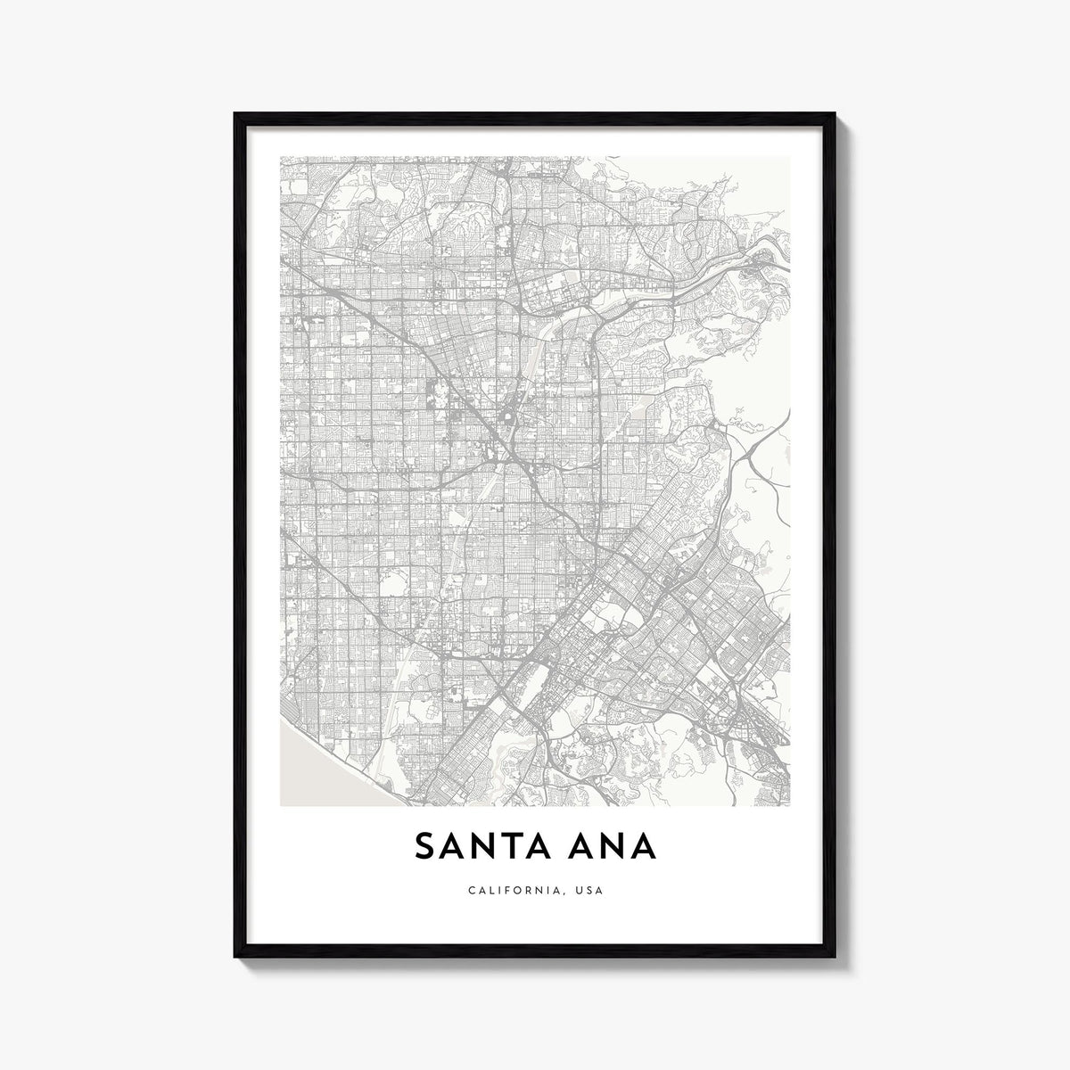 Santa Ana black & white map poster of California, USA – vertical wall art, unframed print shown in interior mockup