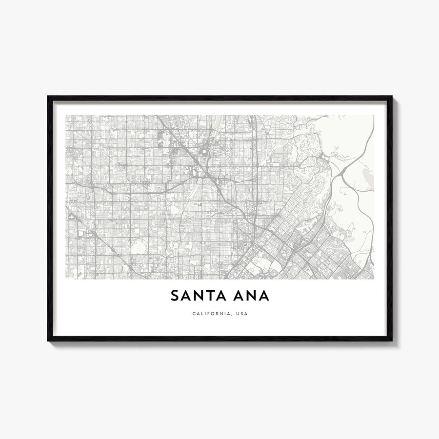 Santa Ana black & white map poster of California, USA – horizontal wall art, unframed print shown in interior mockup