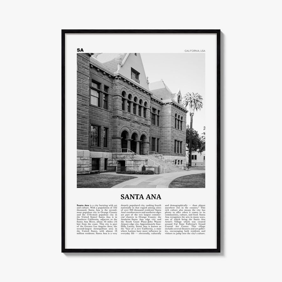 Santa Ana black & white newspaper poster of California, USA – vertical wall art, unframed print shown in interior mockup