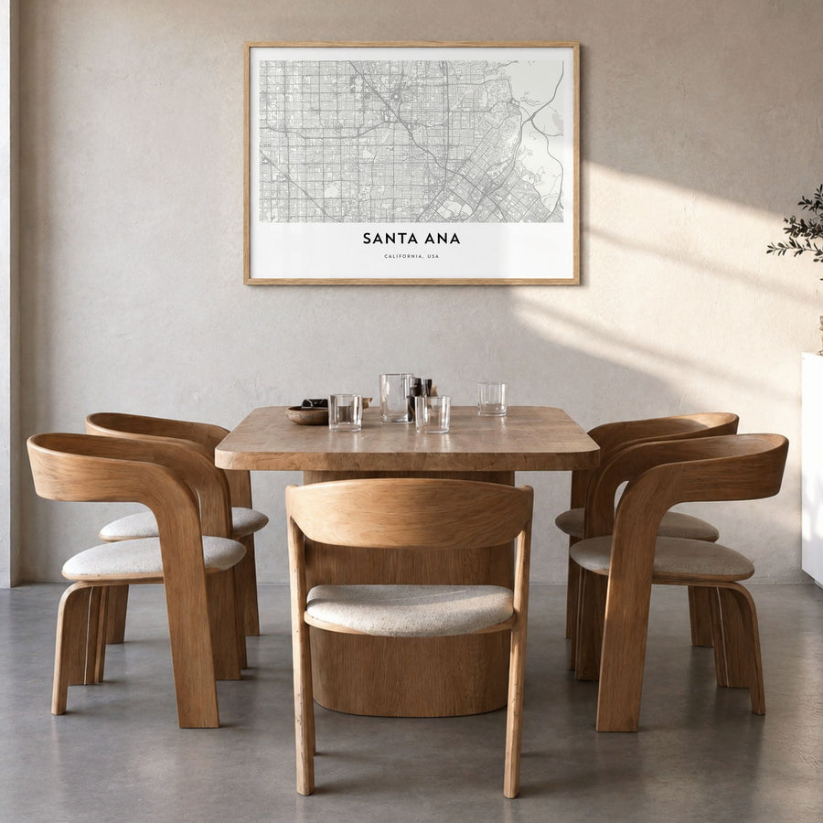 Santa Ana Map Poster in a natural wood frame, hanging in a dining room