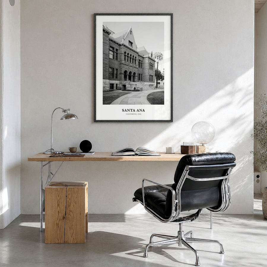 Santa Ana Classic Poster in a black wood frame, hanging in a bright home office