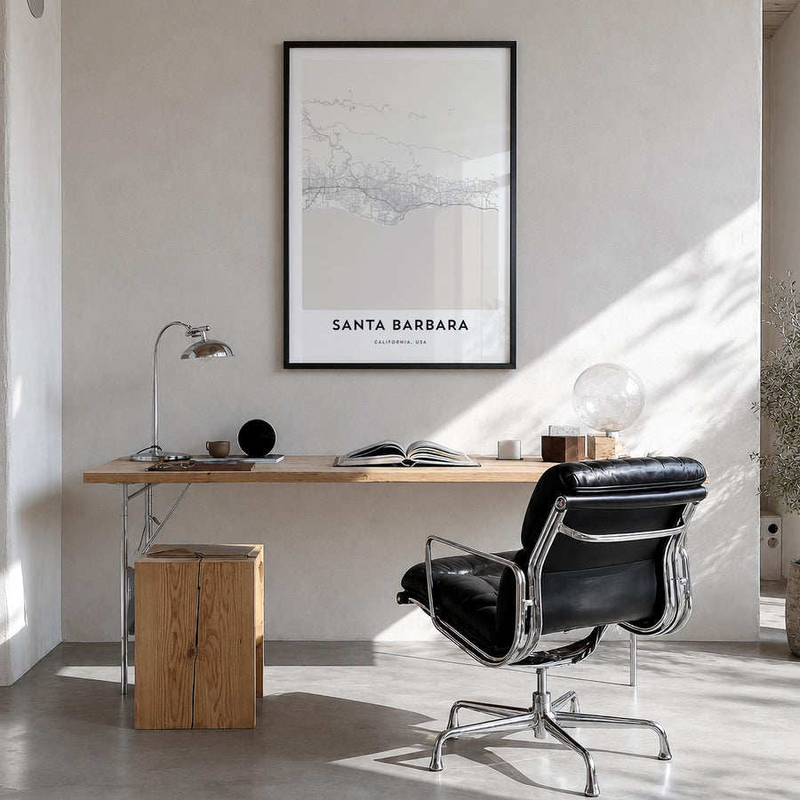 Santa Barbara black & white map poster of California, USA – vertical wall art in black wood frame, hanging on wall