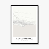 Santa Barbara black & white map poster of California, USA – vertical wall art, unframed print shown in interior mockup
