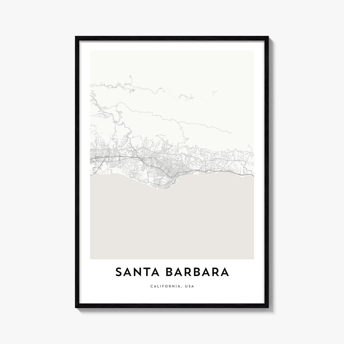 Santa Barbara black & white map poster of California, USA – vertical wall art, unframed print shown in interior mockup