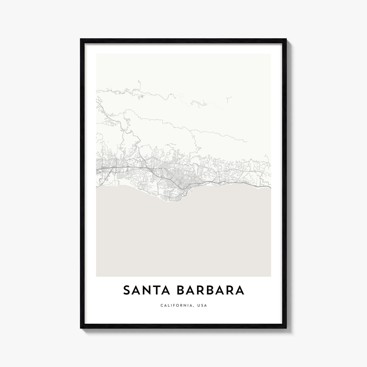 Santa Barbara black & white map poster of California, USA – vertical wall art, unframed print shown in interior mockup