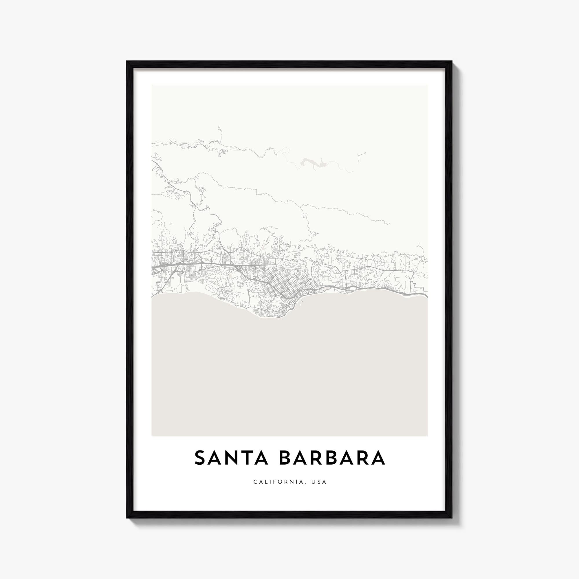 Santa Barbara black & white map poster of California, USA – vertical wall art, unframed print shown in interior mockup