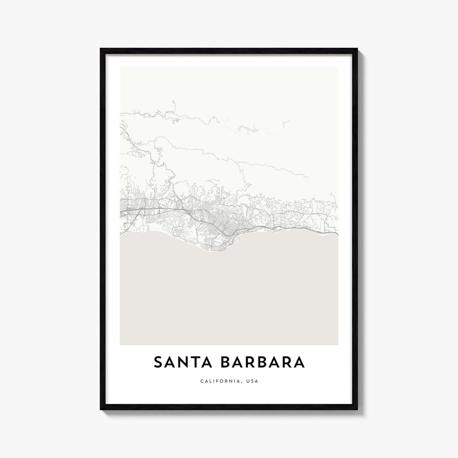 Santa Barbara black & white map poster of California, USA – vertical wall art, unframed print shown in interior mockup