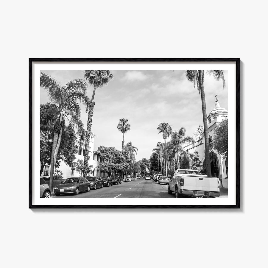 Santa Barbara black & white photo poster of California, USA – horizontal wall art, unframed print shown in interior mockup