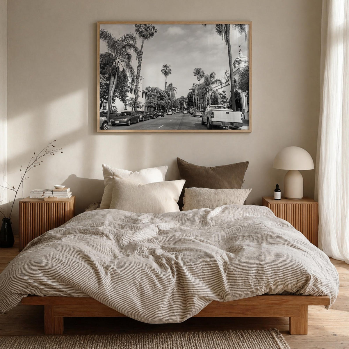 Santa Barbara black & white photo poster of California, USA – horizontal wall art in natural wood frame, hanging on wall
