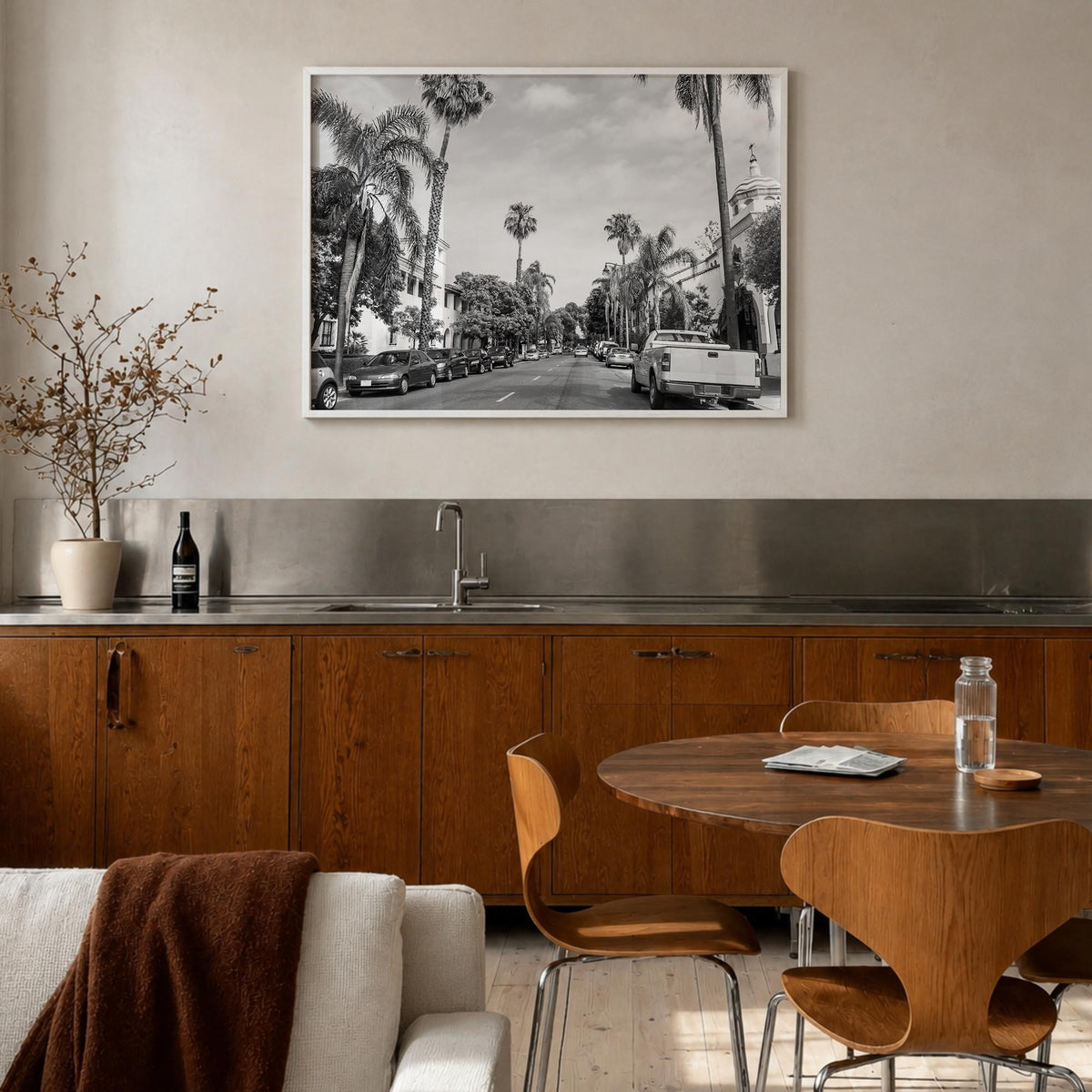 Santa Barbara black & white photo poster of California, USA – horizontal wall art in white wood frame, hanging on wall