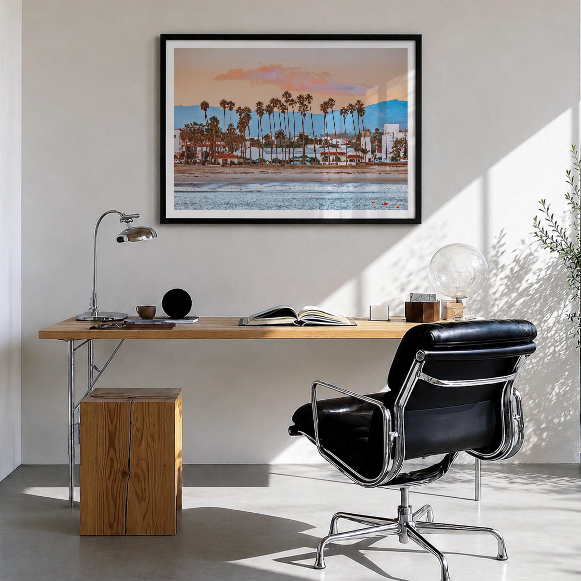 Santa Barbara colorful photo poster of California, USA – horizontal wall art in black wood frame with white border, hanging o